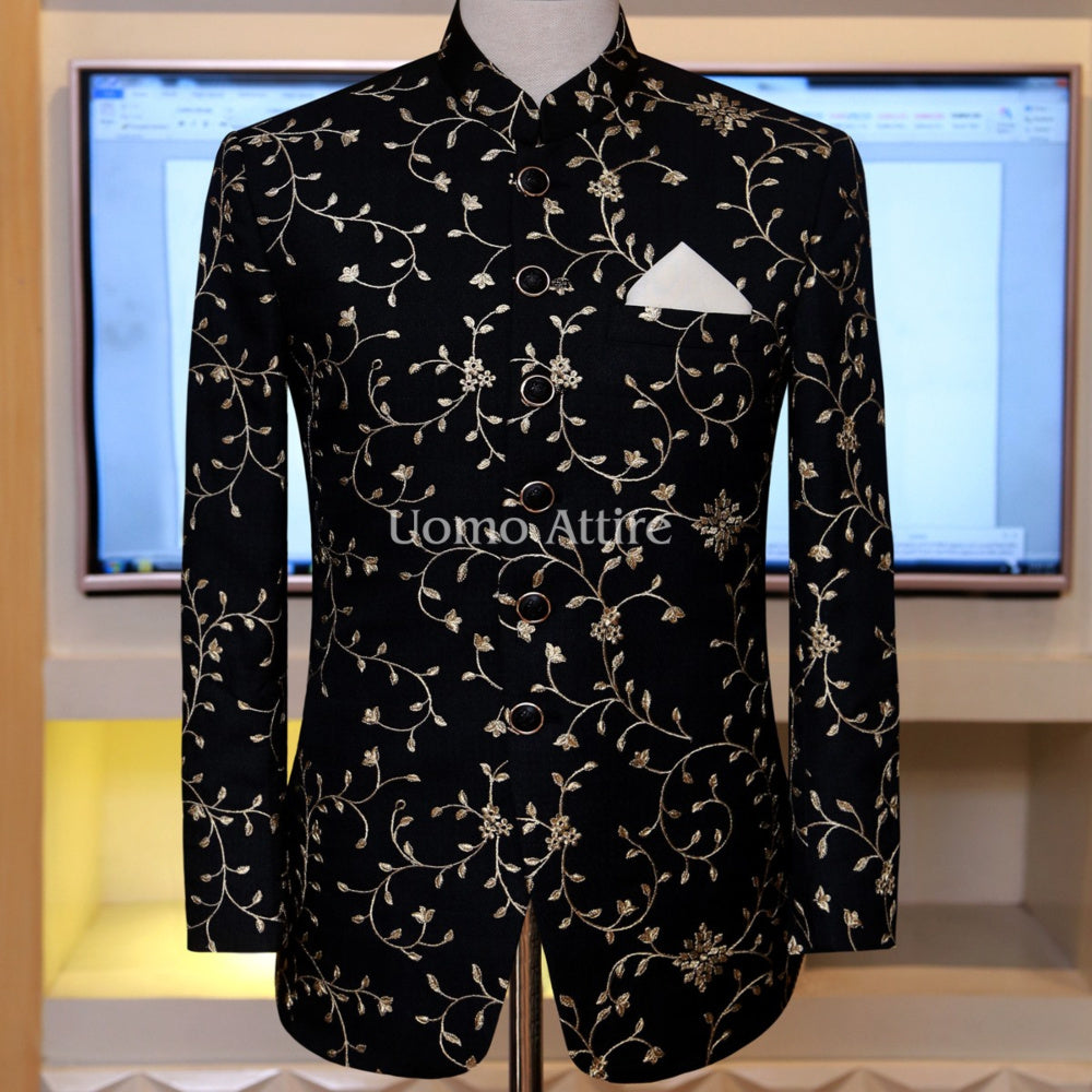 Black Embroidered Gleaming Prince Coat | Black Prince Coat