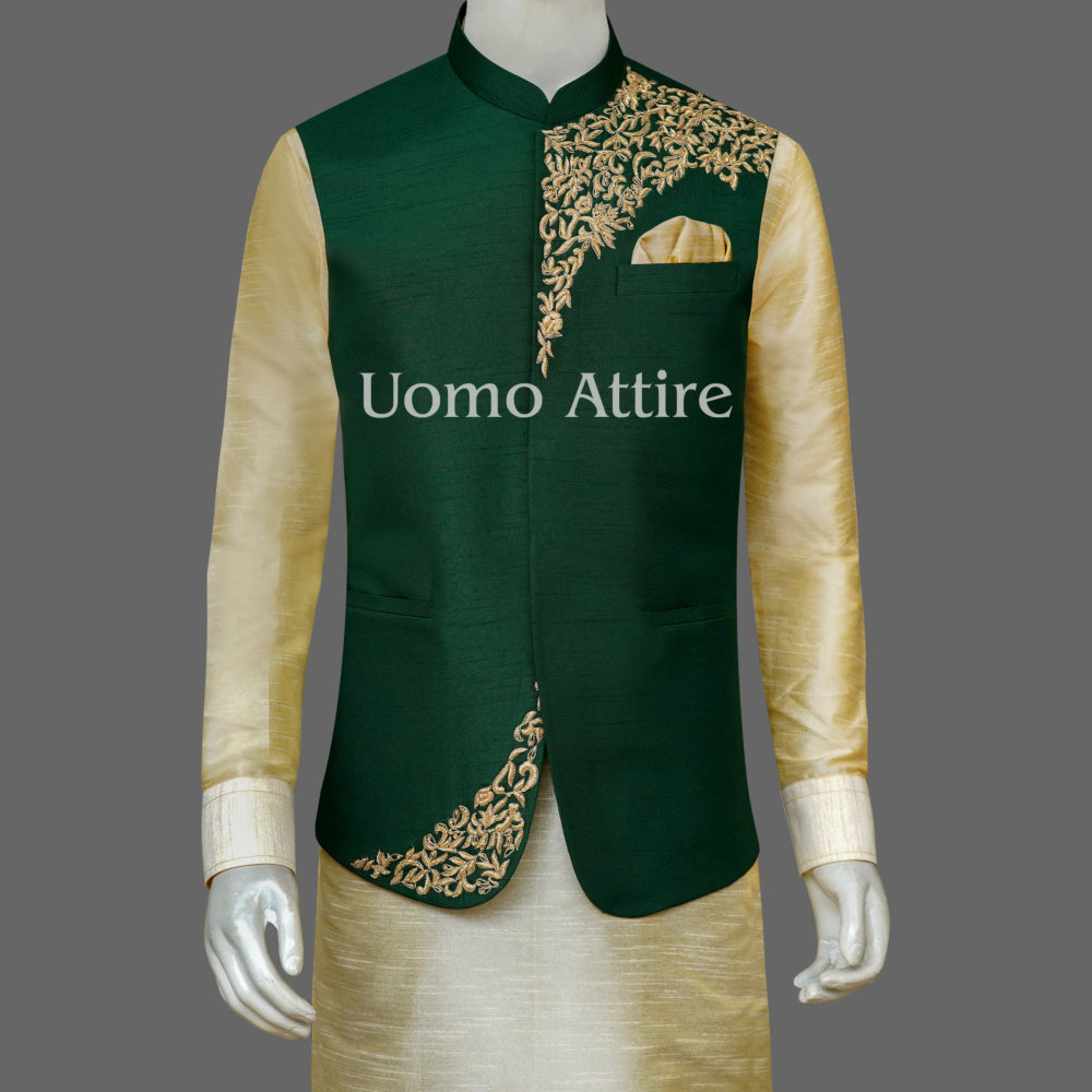 Mehndi green fully embroidered & embellished waistcoat Uomo Attire Mehndi green fully embroidered & embellished waistcoat Uomo Attire