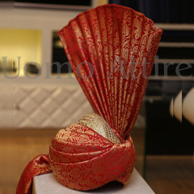 Red and Golden Self Designed Aitchison Turban
