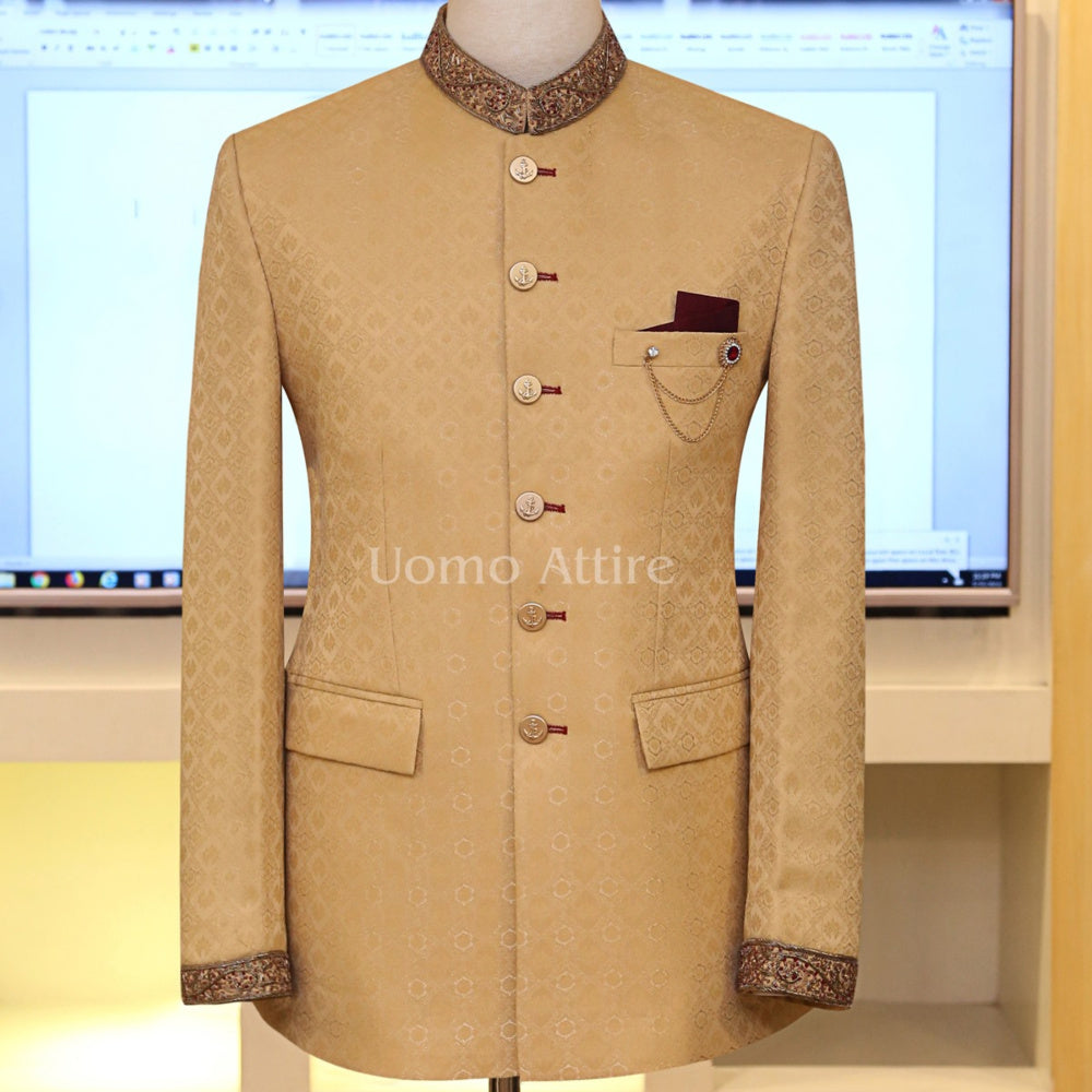 Golden Jamawar Prince Suit | Golden Jamawar Prince Coat | Prince Coat