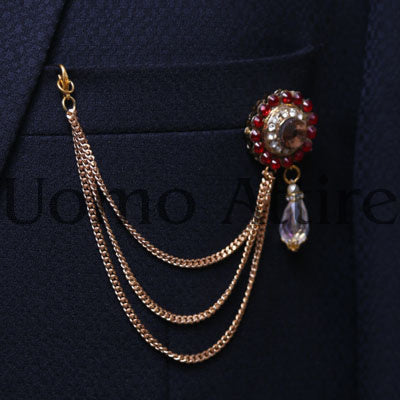 Red pearl with hanging stone chain brooch