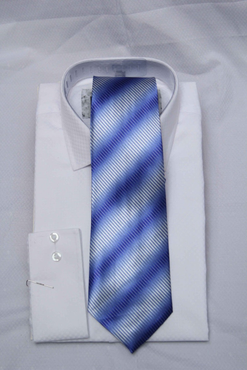 White shirt with blue contrast tie