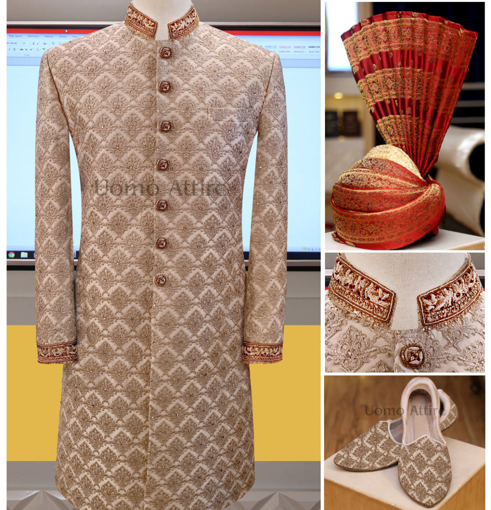 Antique gold sherwani package adorned with stones