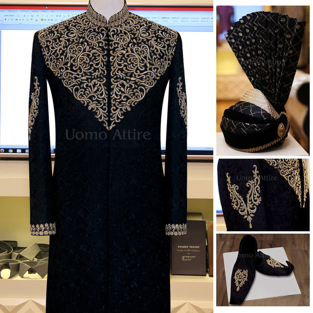 Mughal style in black rao silk customized sherwani full package