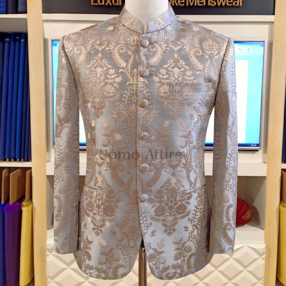 Steel gray rao silk embroidered fabric prince coat – Uomo Attire