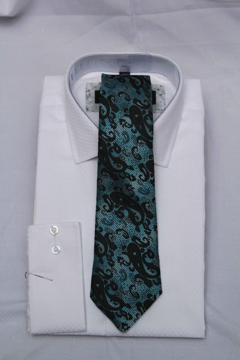 White shirt with texured black and green contrast tie