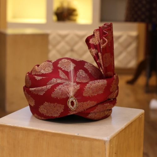 Combination of Red and Antique Gold Color Rajasthani Turban