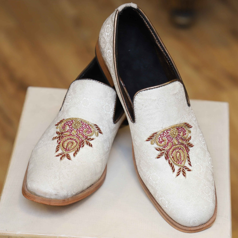 White and Antique Gold Contrast Shoes For Groom