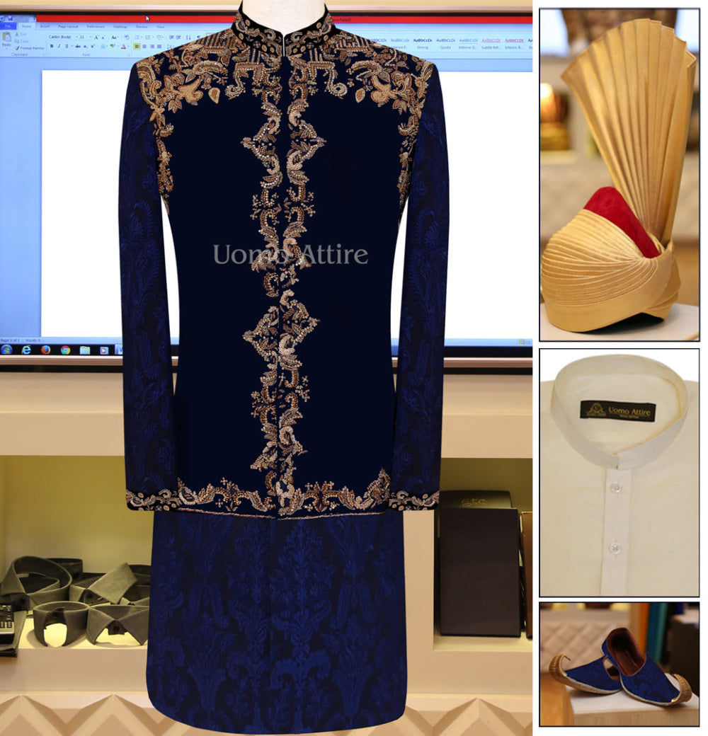 Dark blue embroidered sherwani full package with micro embellishment