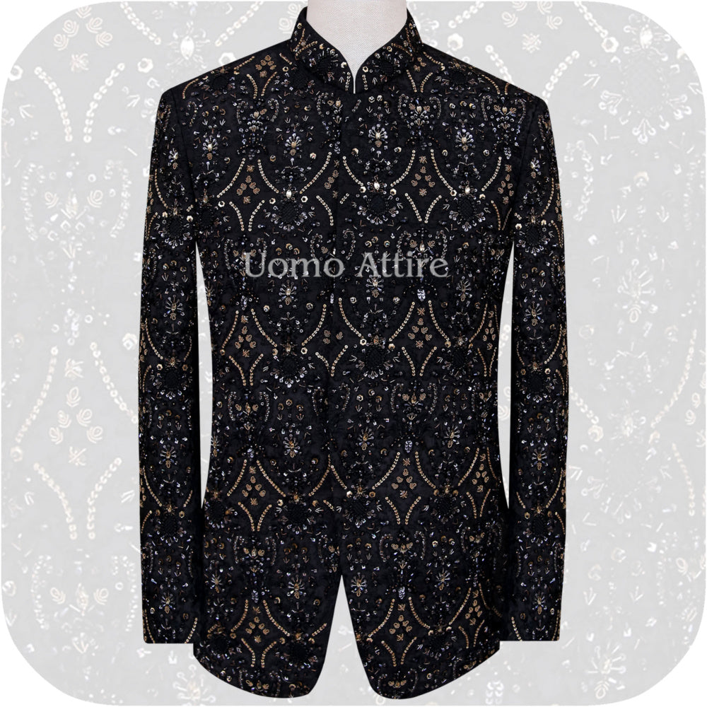 Manteau prince designer noir avec des embellissements complets