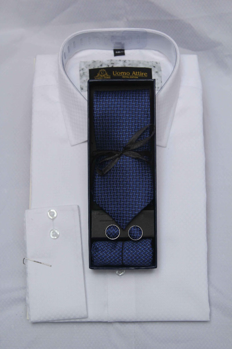 Chemise de créateur texturée blanche avec cravate contrastante bleue et blanche 