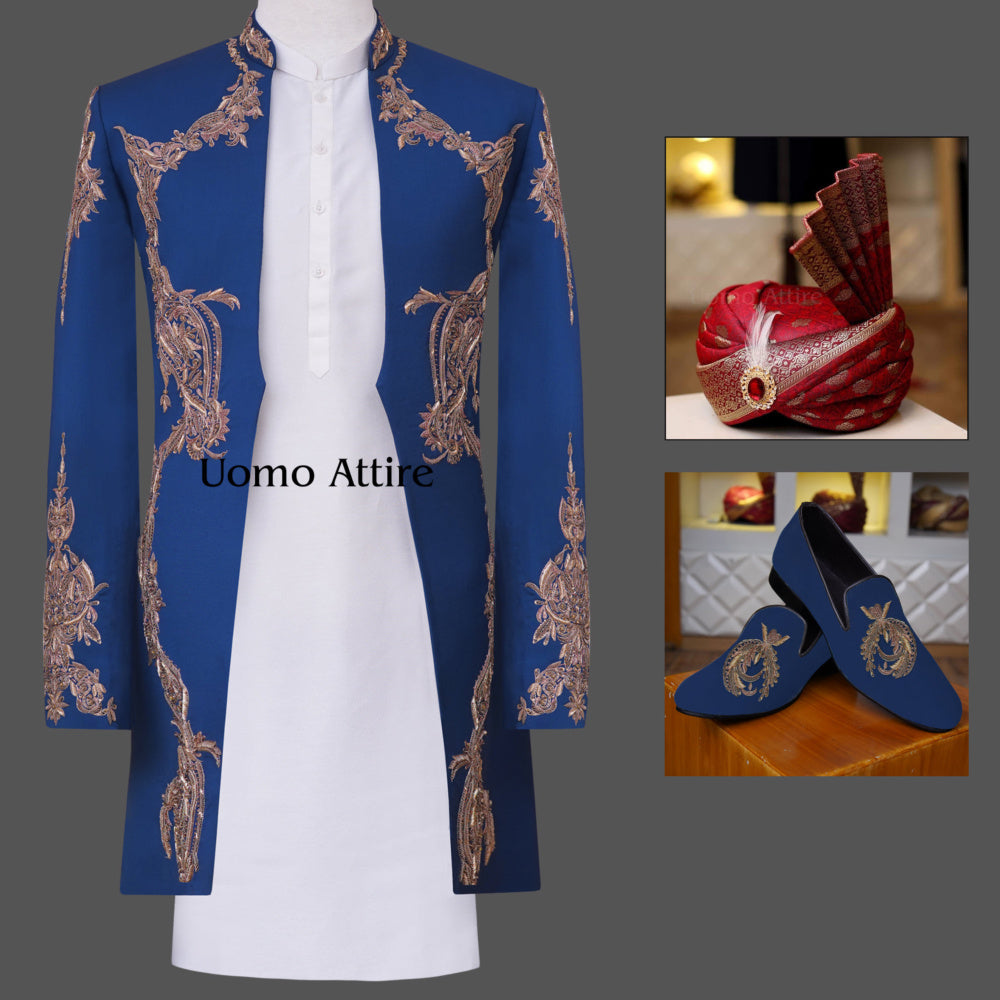 Ensemble complet sherwani court de style robe avec micro embellissements 