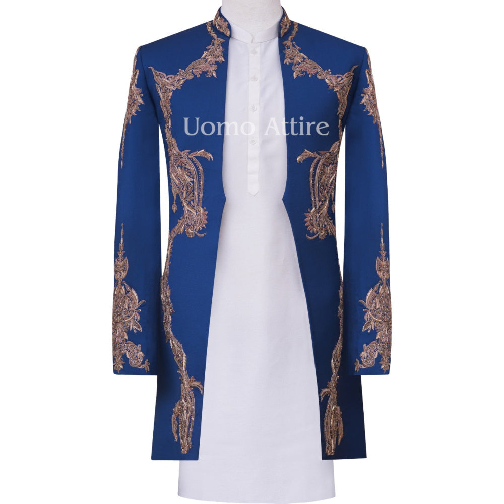 Ensemble complet sherwani court de style robe avec micro embellissements 