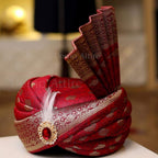 Maroon and Golden Turban Matching with White Sherwani for Men