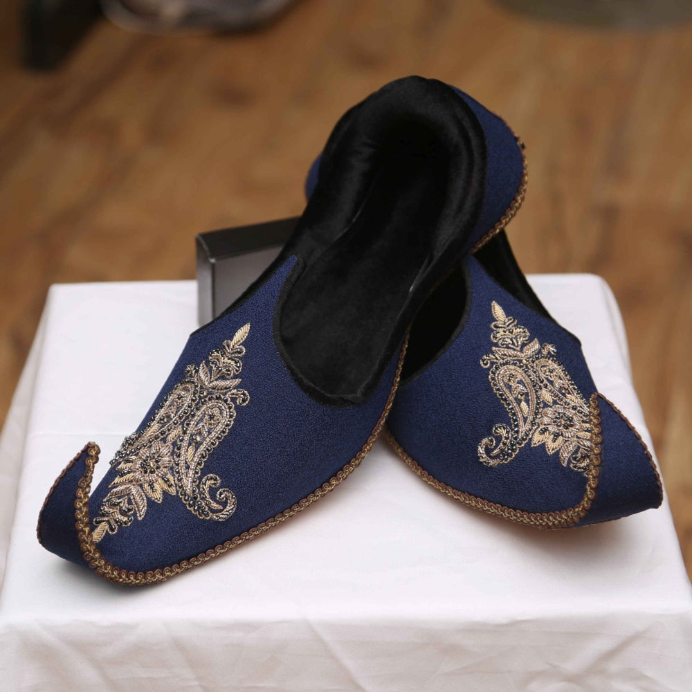 Navy Blue Shoes For Sherwani With Embroidered Design