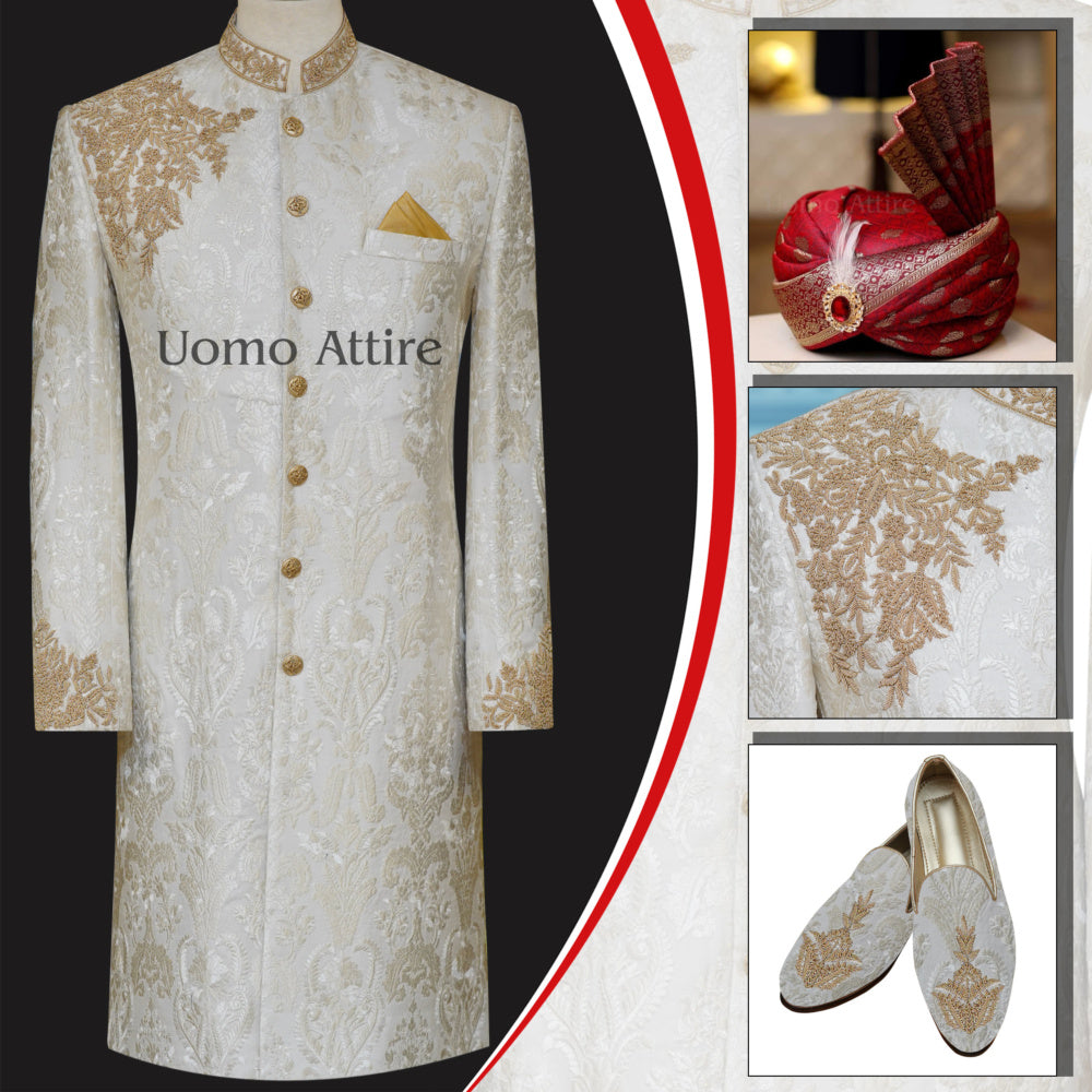 Luxurious White Organza Embroidered Sherwani for Men - Buy White Sherwani Online in USA