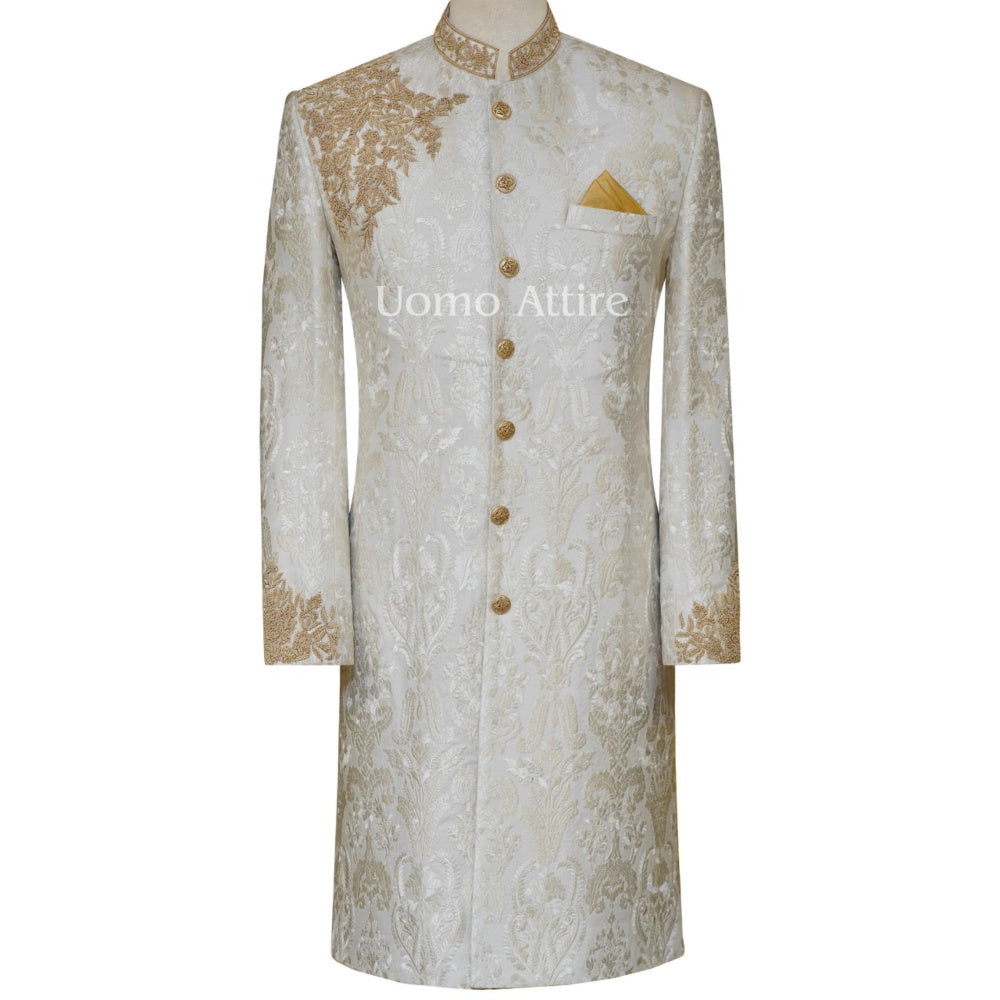 Luxurious White Organza Embroidered Sherwani for Men - White Sherwani for Groom