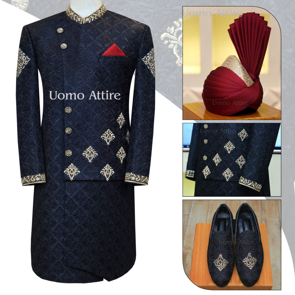 Ensemble complet sherwani personnalisé noir luxueux 