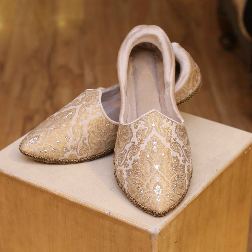 Embroidered Antique Gold Shoes For Waistcoat | Golden Fabric Shoes for Groom