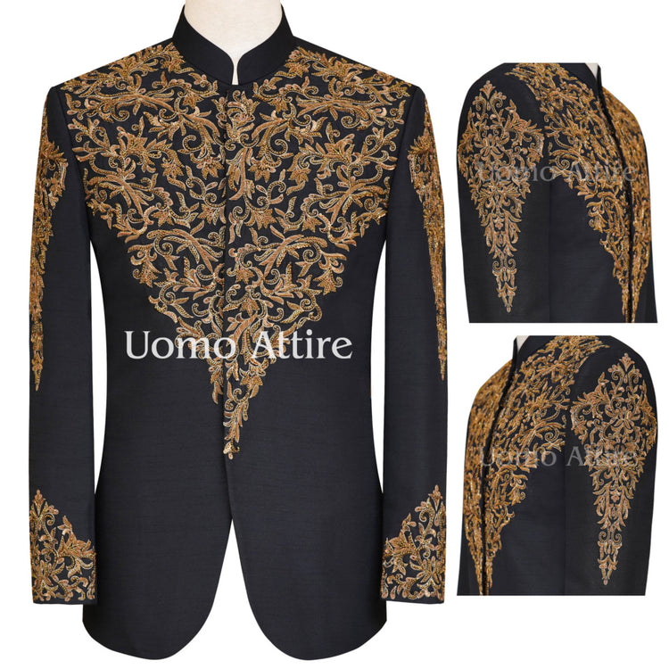 Customized black micro embellished prince coat – Uomo Attire