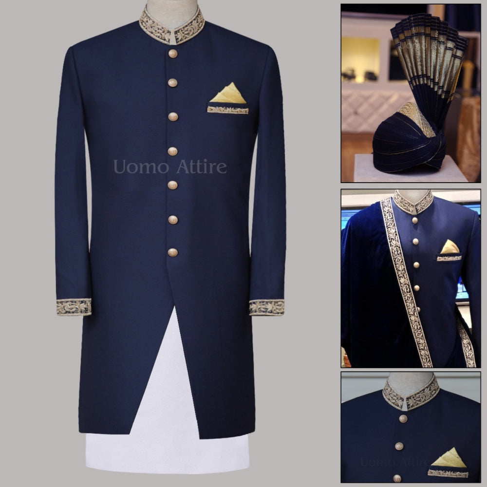 Blue sherwani with micro embellishments