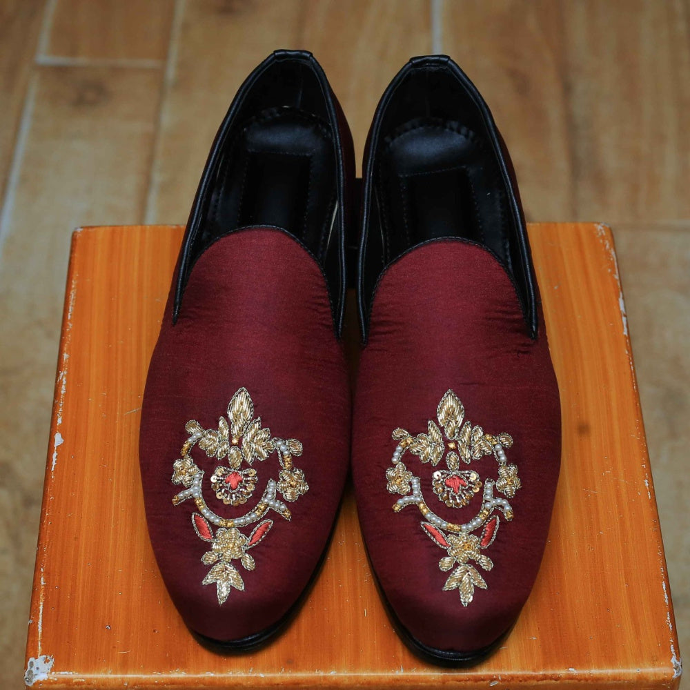 Maroon Fabric Shoes For Groom With Embroidered