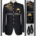 Black embellished prince coat in imported soft raw silk