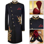 Complete package of embellished black sherwani including turban and khussa