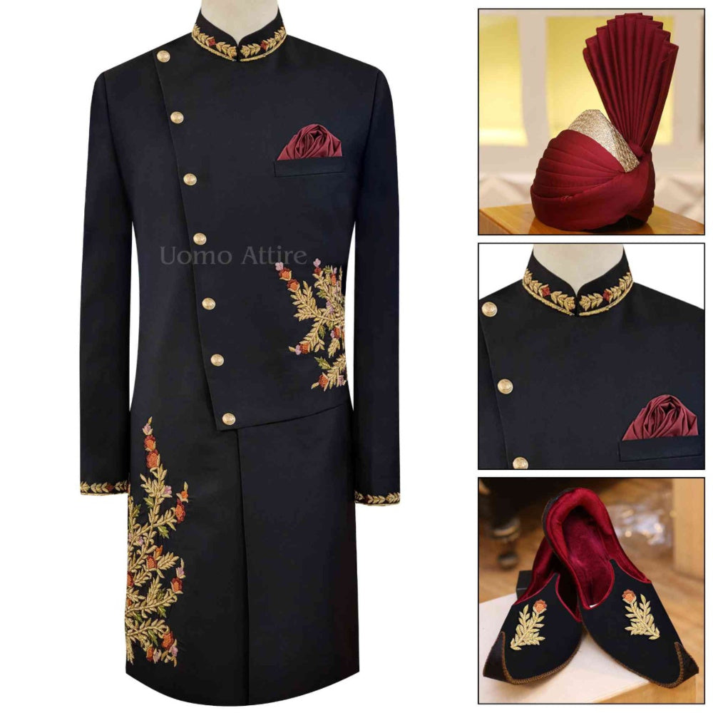 Complete package of embellished black sherwani including turban and khussa