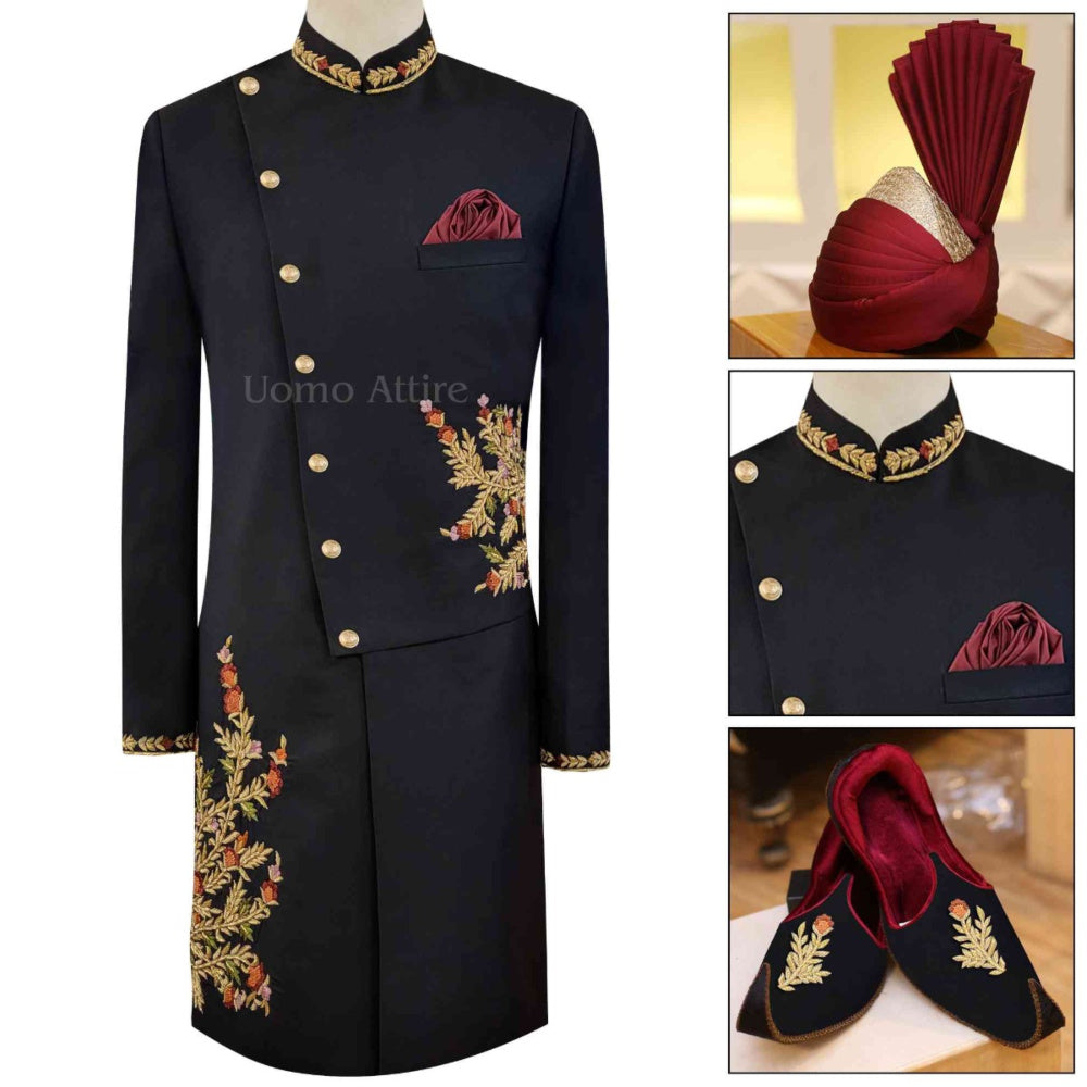 
                  
                    Complete package of embellished black sherwani including turban and khussa
                  
                