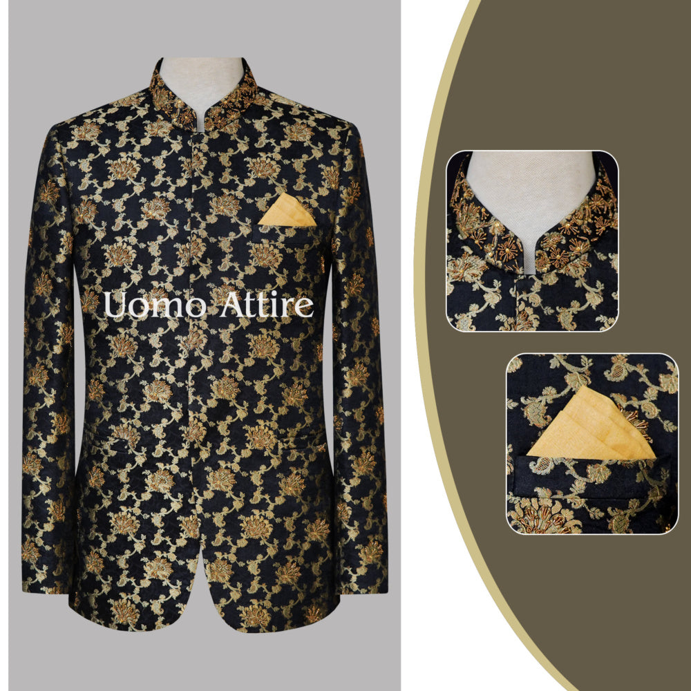 Black and golden full embellished prince coat in self design fabric
