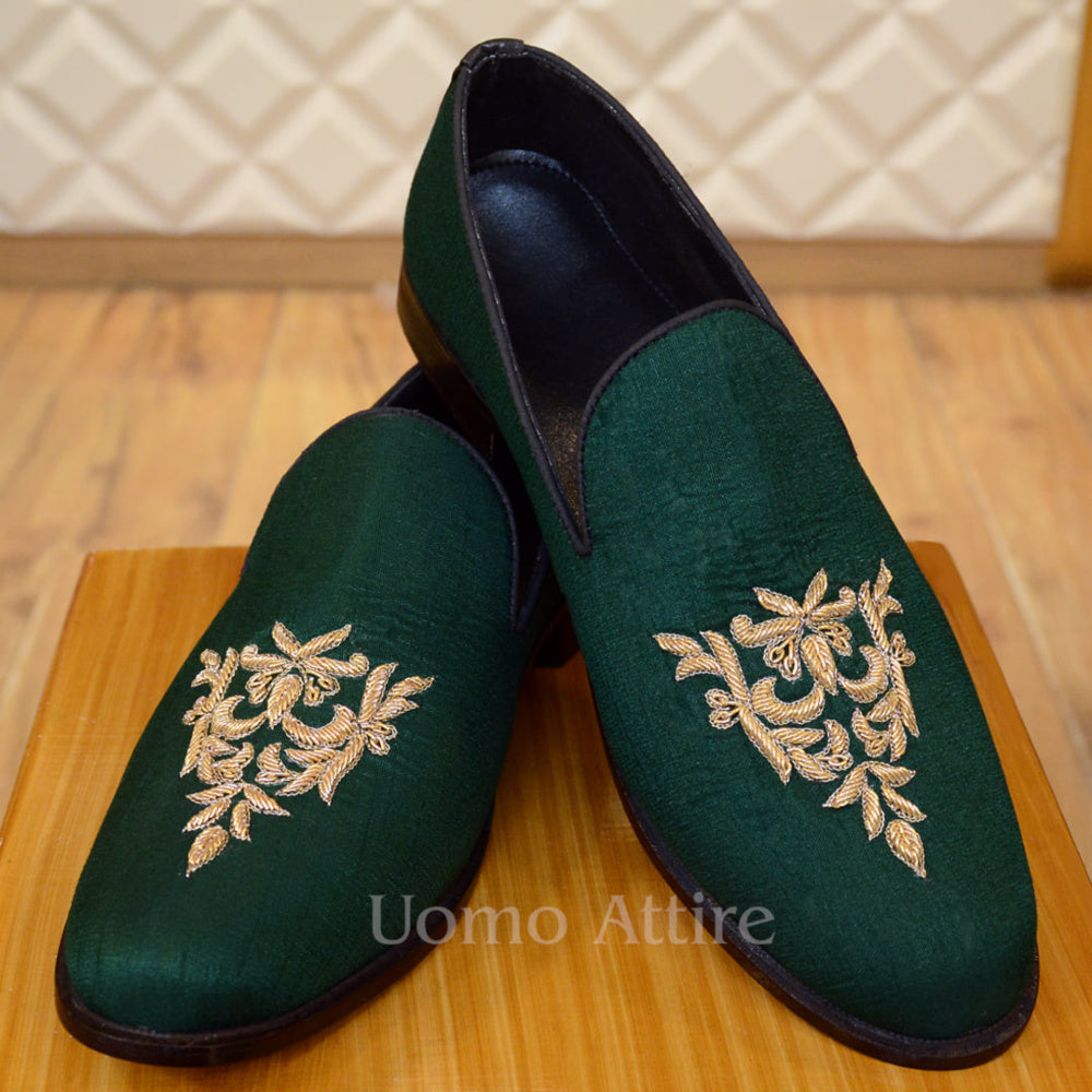 Deep green raw silk embroidered Shoes | Fabric Shoes for Groom | Shoes for wedidng