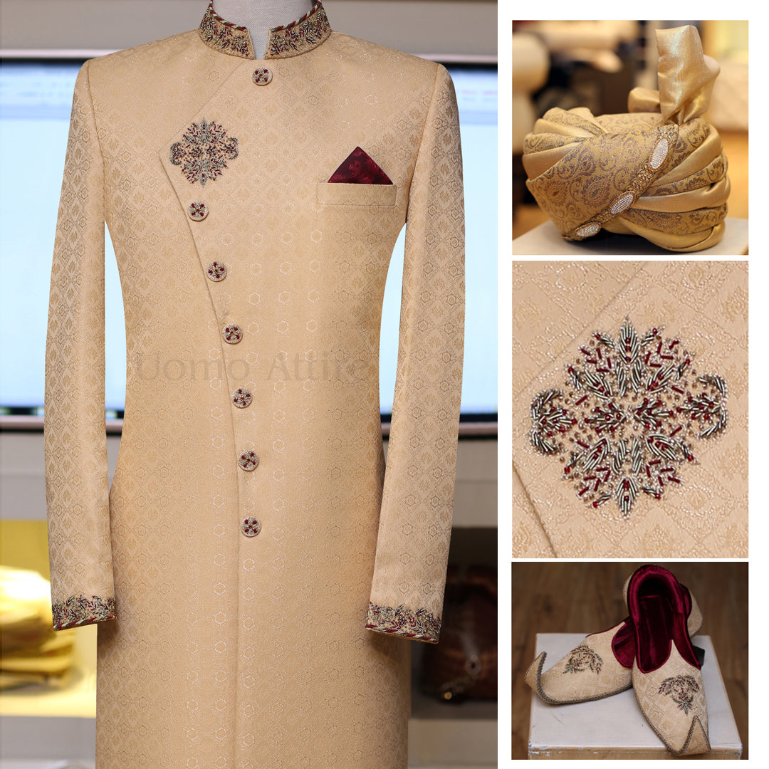 Custom tailored self textured angrakha style classic sherwani