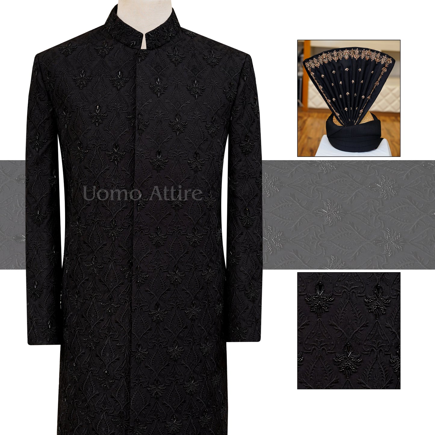 Custom made luxurious black sherwani made with embroidered fabric