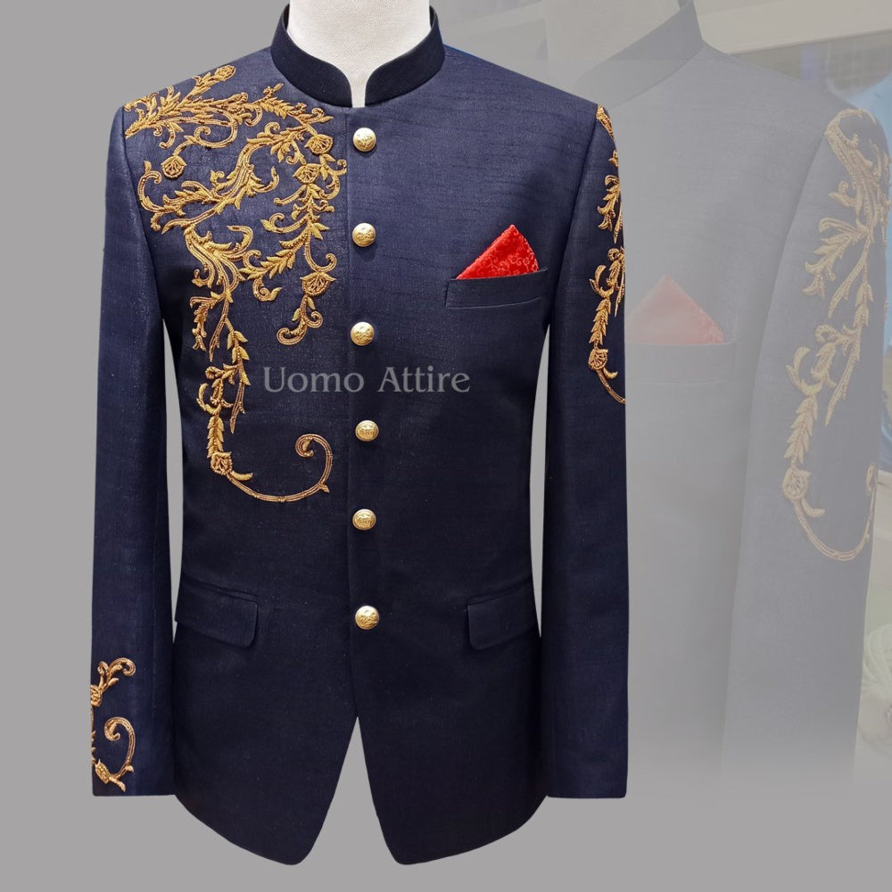 Self textured navy blue customized prince coat | Prince Coat