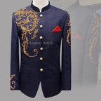 Self textured navy blue customized prince coat | Prince Coat