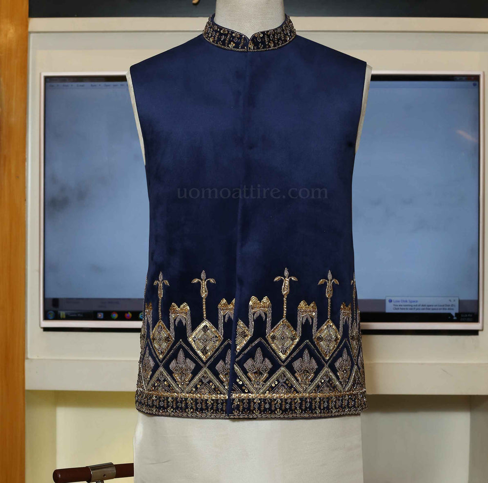 Blue velvet waistcoat with 9K microns golden embellishment – Uomo