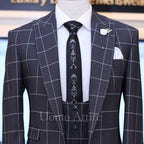 dark grey windowpane check 3 piece suit with single breasted vest and pick stitch