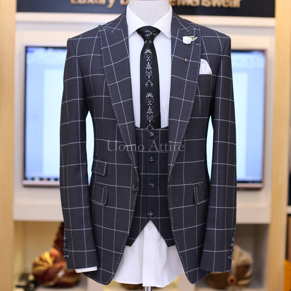 dark grey windowpane check 3 piece suit with single breasted vest