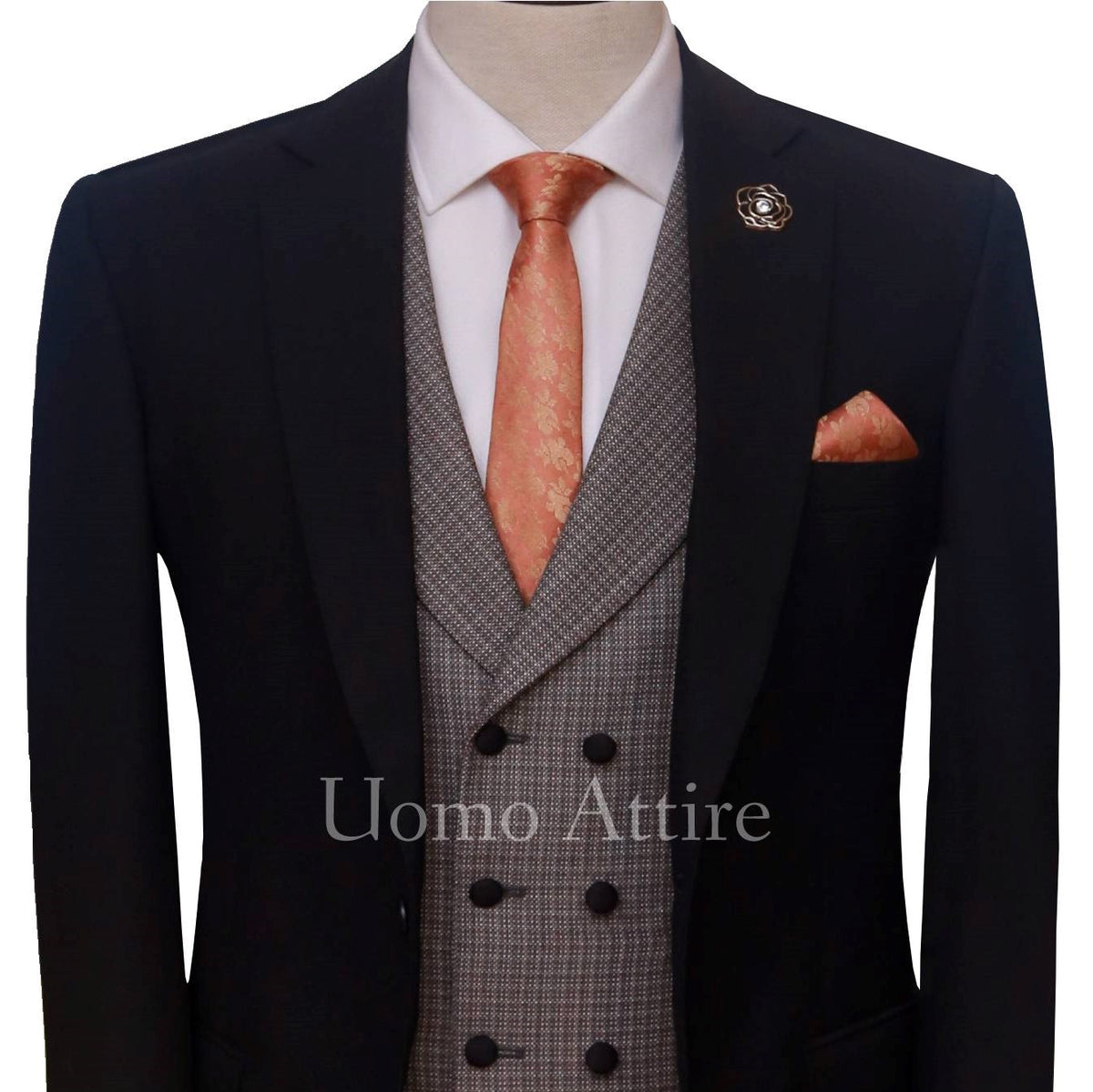 Black contrast Italian tropical customized 3 piece suit