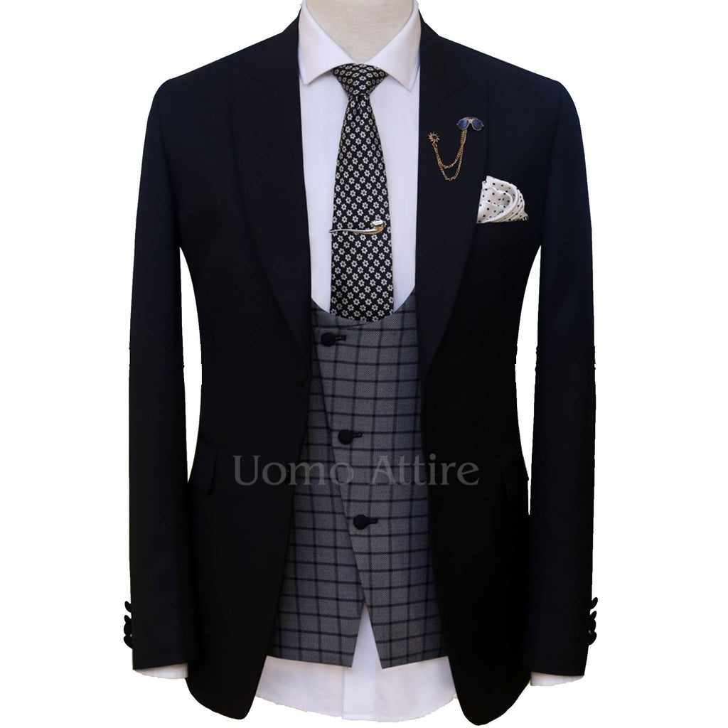 Black contrast three piece suit for wedding