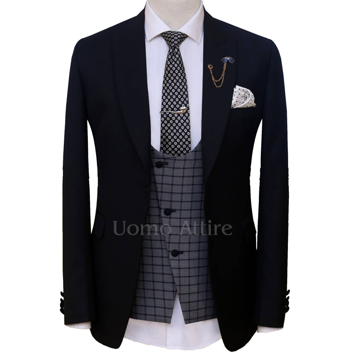 Black contrast three piece suit for wedding