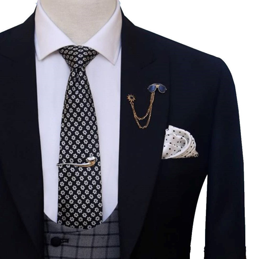 
                  
                    Black contrast three piece suit for wedding with black matching designer tie and pocket square with designer cut vest
                  
                