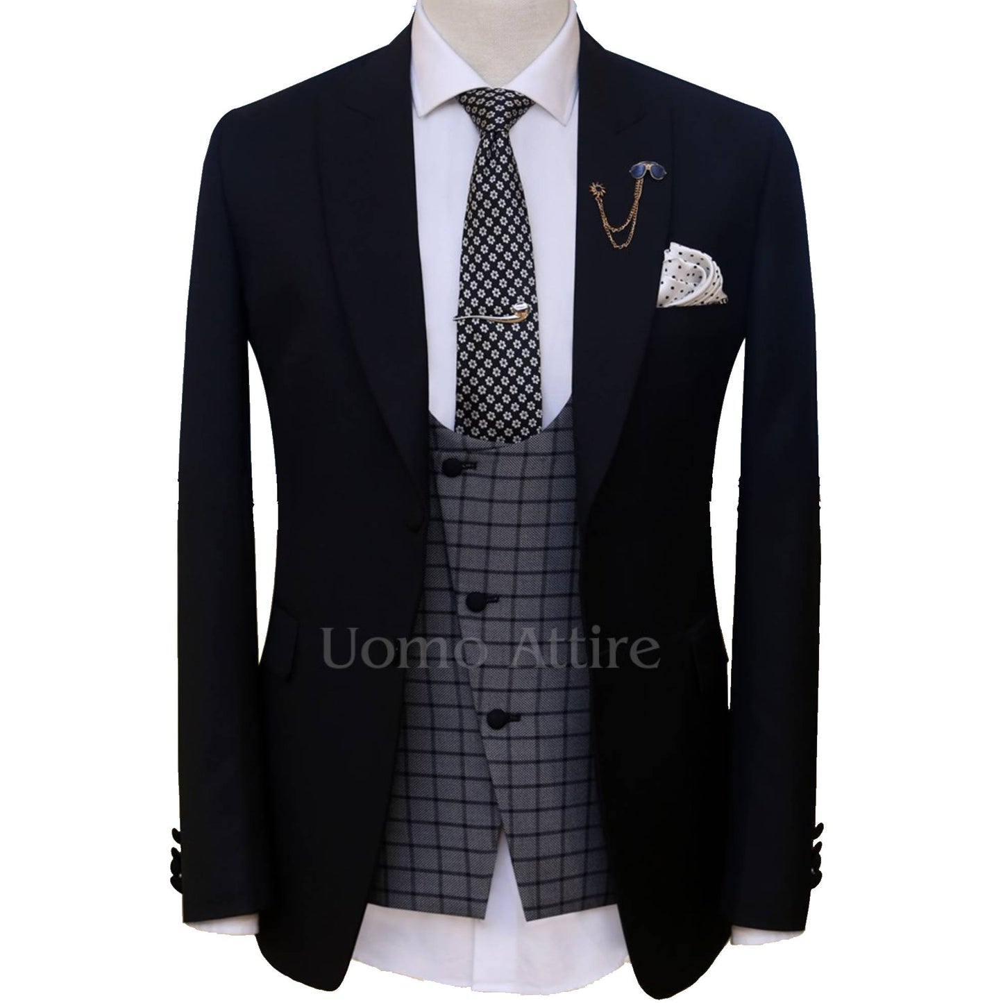 Black contrast three piece suit for wedding – Uomo Attire