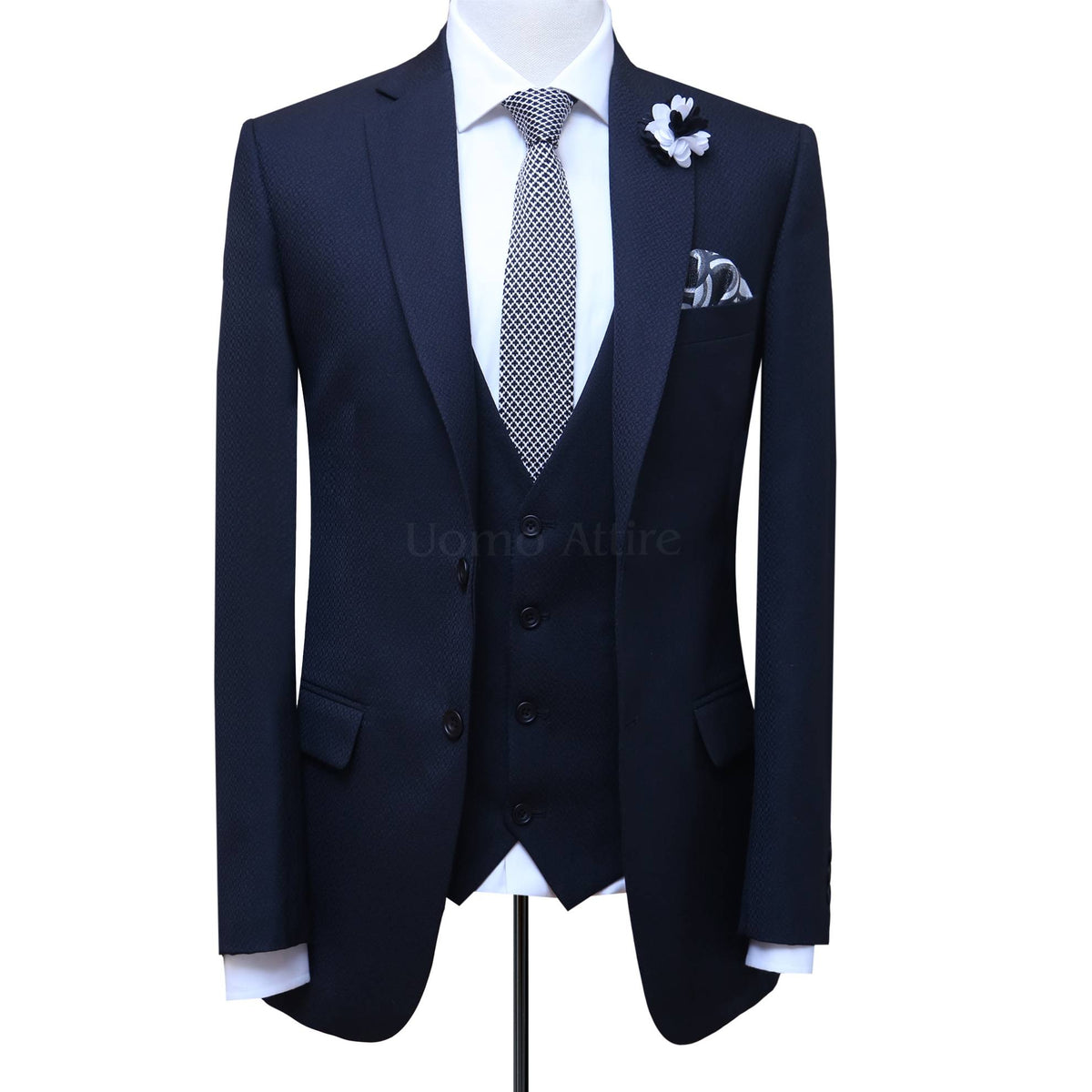 Black self textured italian 3 piece suit