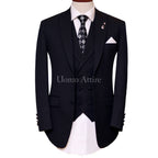 Black self textured three piece suit 100% woolen with same fabric double breasted vest
