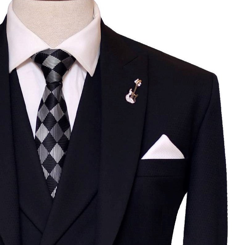 Black self textured three piece suit 100% woolen with same fabric double breasted vest with formal tie and pocket square
