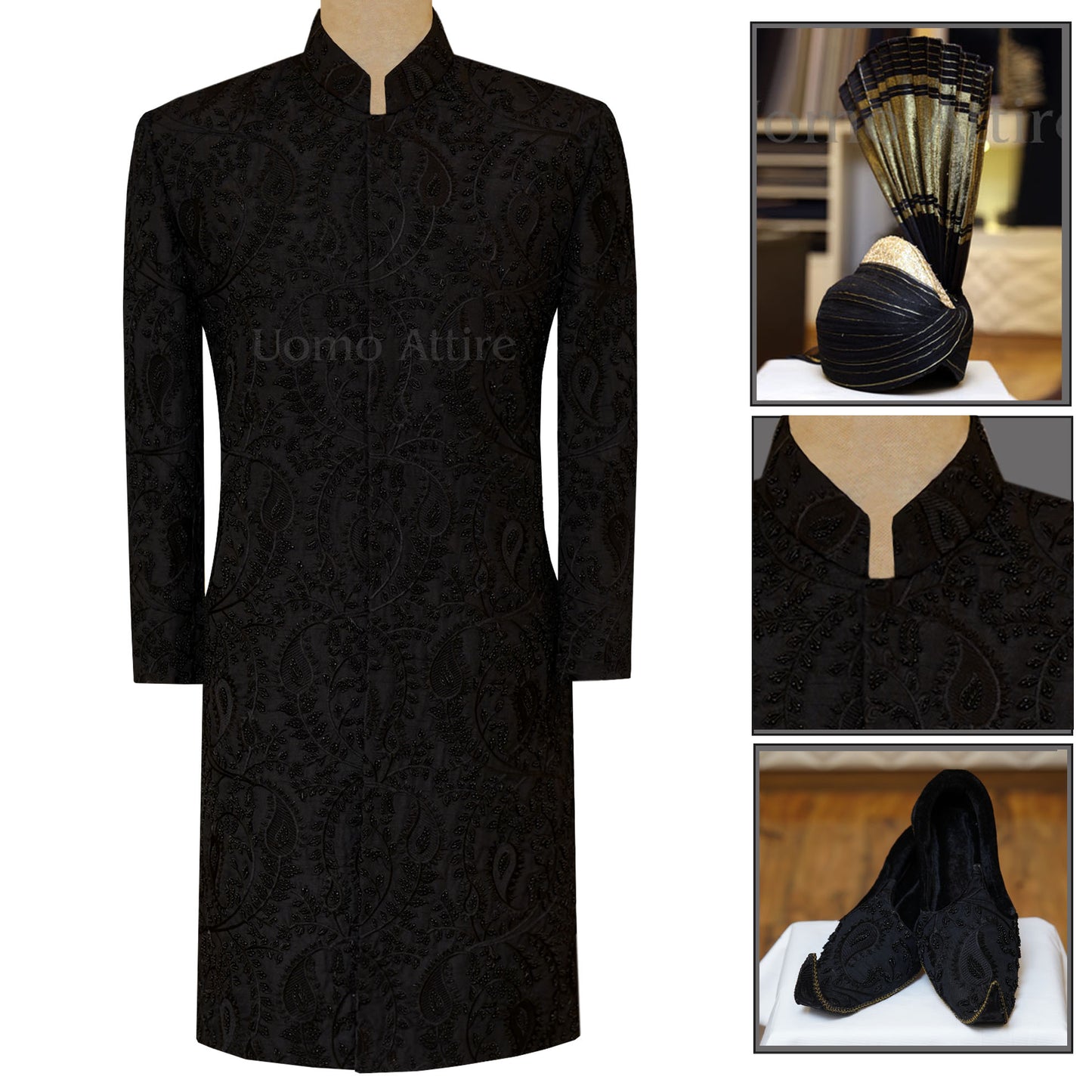 black sherwani for wedding fully embellished and embroidered with same fabric khussa