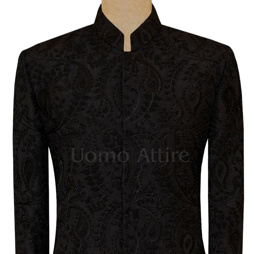 black sherwani for groom or wedding with fully embellishments