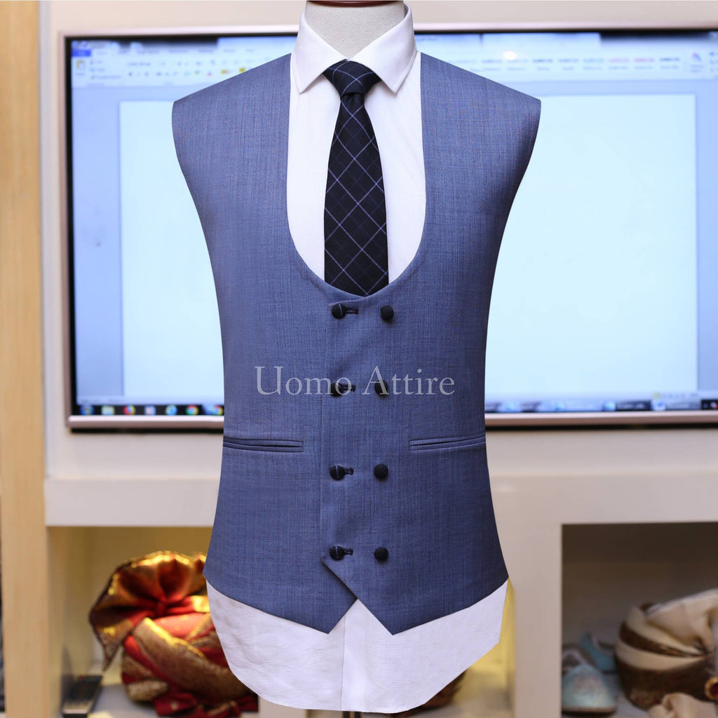 Black with sky blue windowpane check 3 piece suit